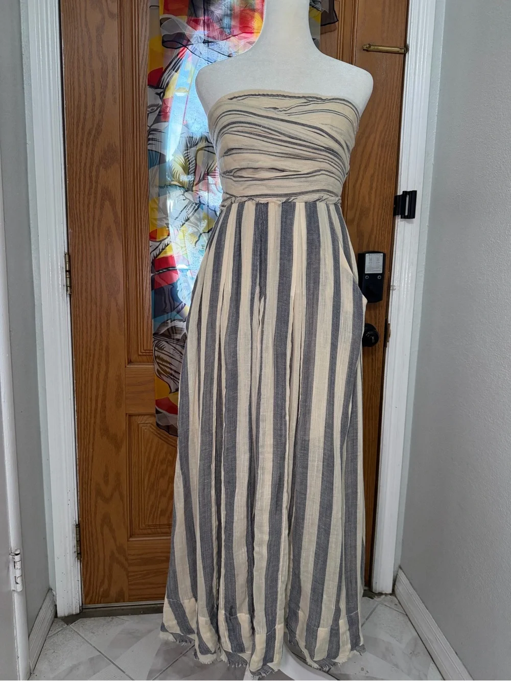 Free People Striped Strapless Maxi Dress Tie Waist Boho Coastal Size M